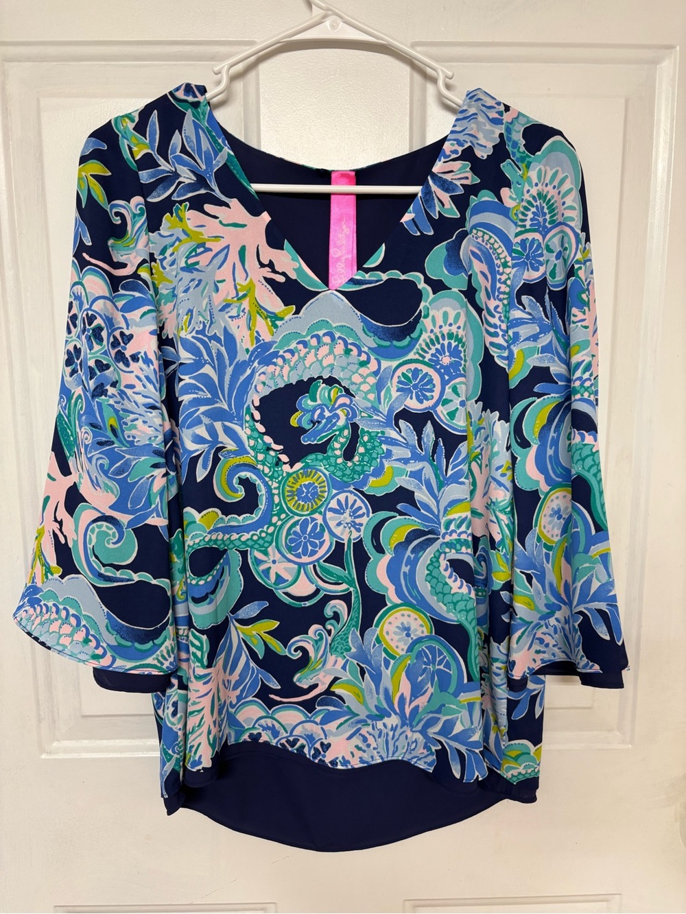 Lilly Pulitzer XS Navy Blue Floral Paisley Bell Sleeve Blouse Top